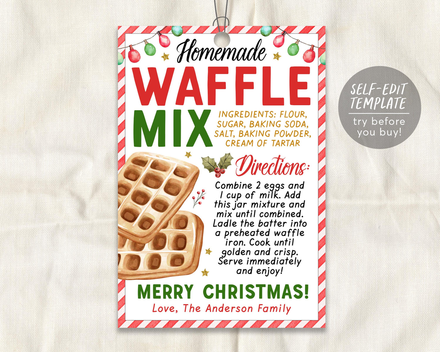 Waffle Mix in a Jar Gift Tag Editable Template