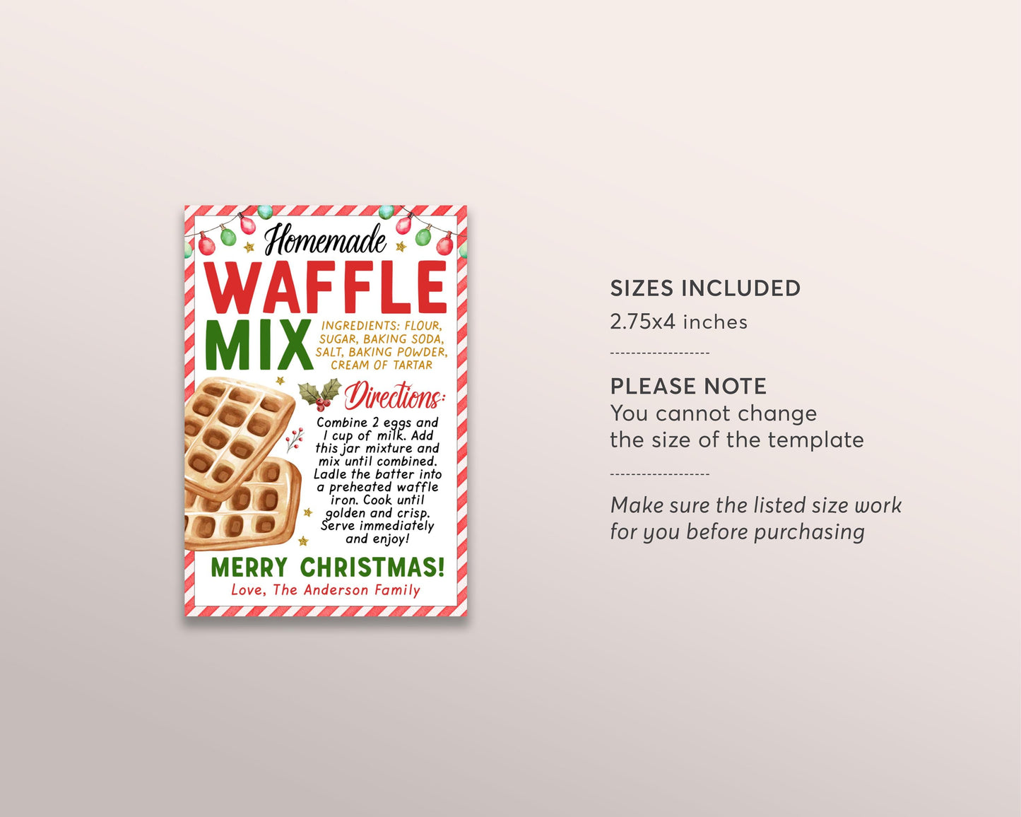 Waffle Mix in a Jar Gift Tag Editable Template, Christmas Waffle Recipe Favor Tag, Bake Sale Label, Holiday Brunch Gift, Mason Jar Label