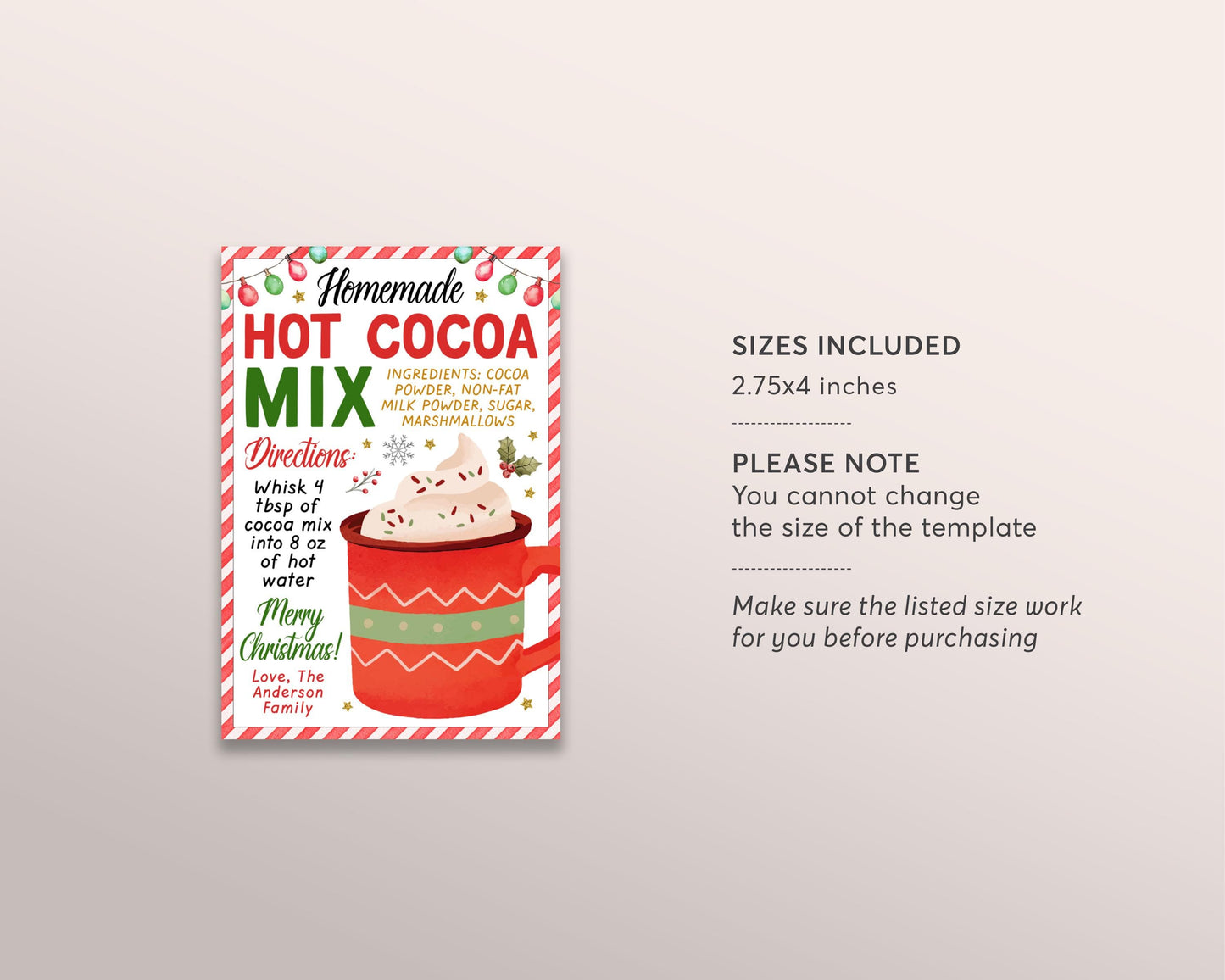 Hot Cocoa Mix in a Jar Gift Tag Editable Template, Christmas Mason Jar Hot Chocolate Recipe Favor Tag, Holiday Friend Neighbor Appreciation