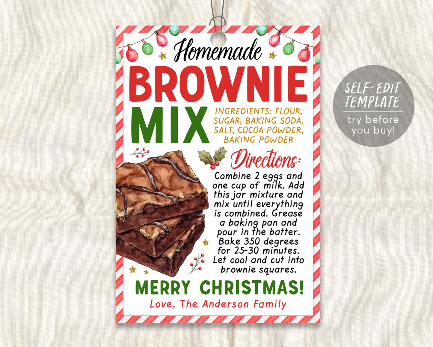 Brownie Mix in a Jar Gift Tag Editable Template