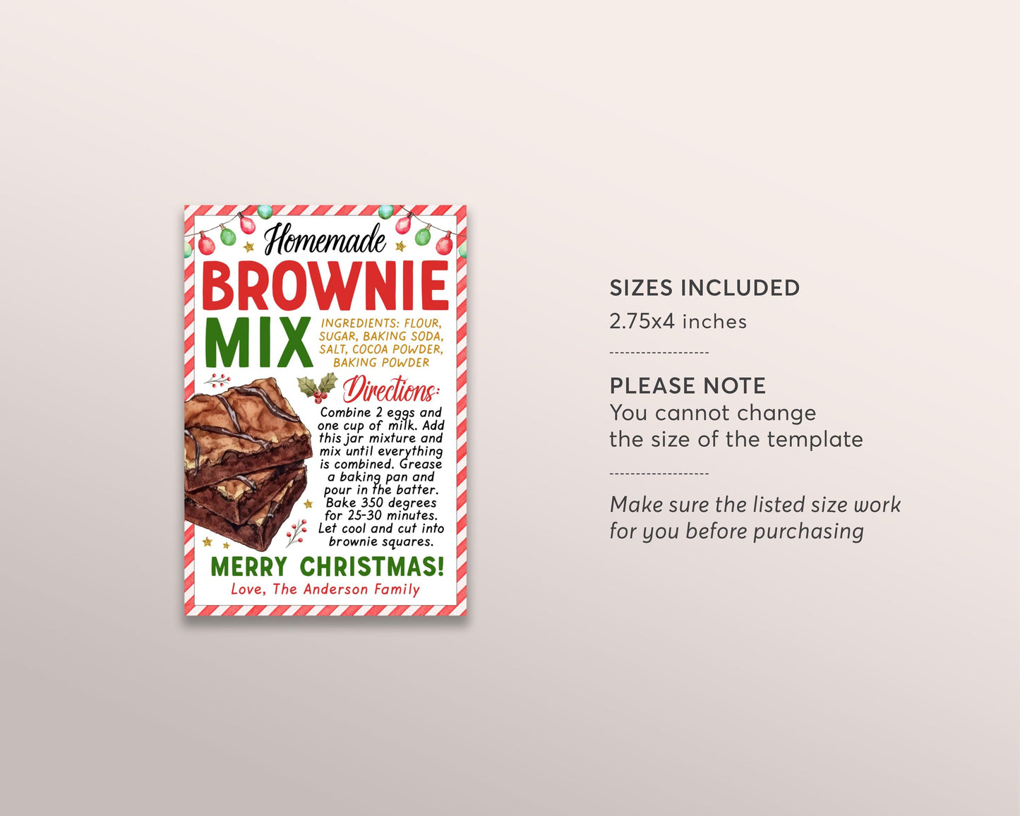 Brownie Mix in a Jar Gift Tag Editable Template, Christmas Brownie Recipe Favor Tag, Bake Sale Label, Holiday Brunch Gift, Mason Jar Label