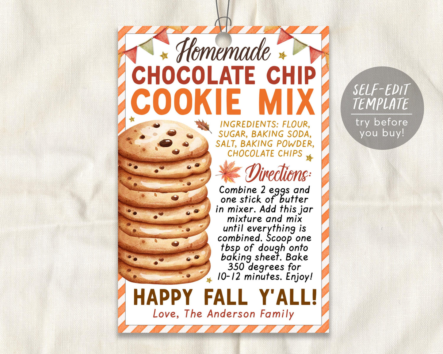 Falll Cookie Mix in a Jar Gift Tag Editable Template