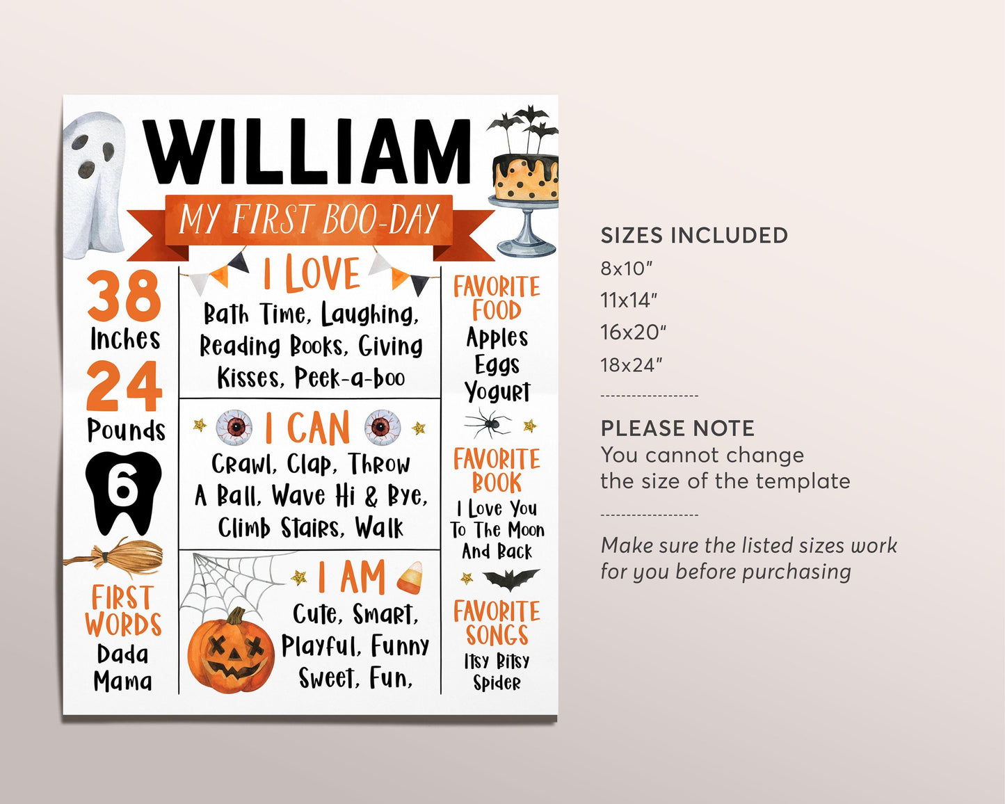 Halloween Birthday Milestone Sign Editable Template, Spooky One First Boo-Day Stats Poster, Spooktacular  1st Birthday My First Year Ghost