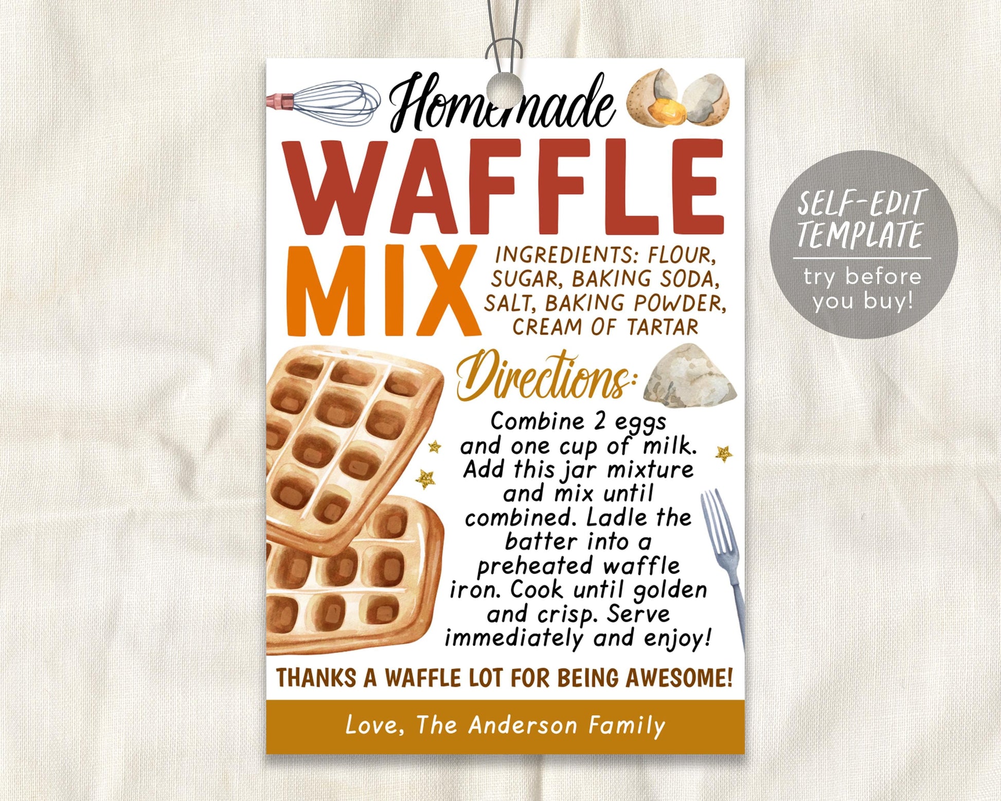 Waffle Mix in a Jar Gift Tag Editable Template