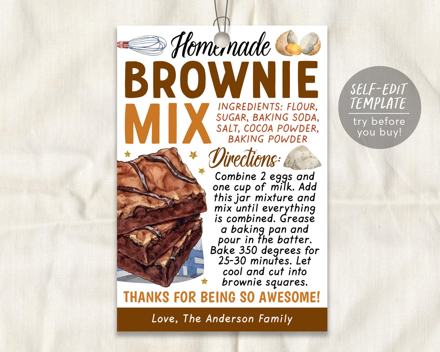 Brownie Mix in a Jar Gift Tag Editable Template