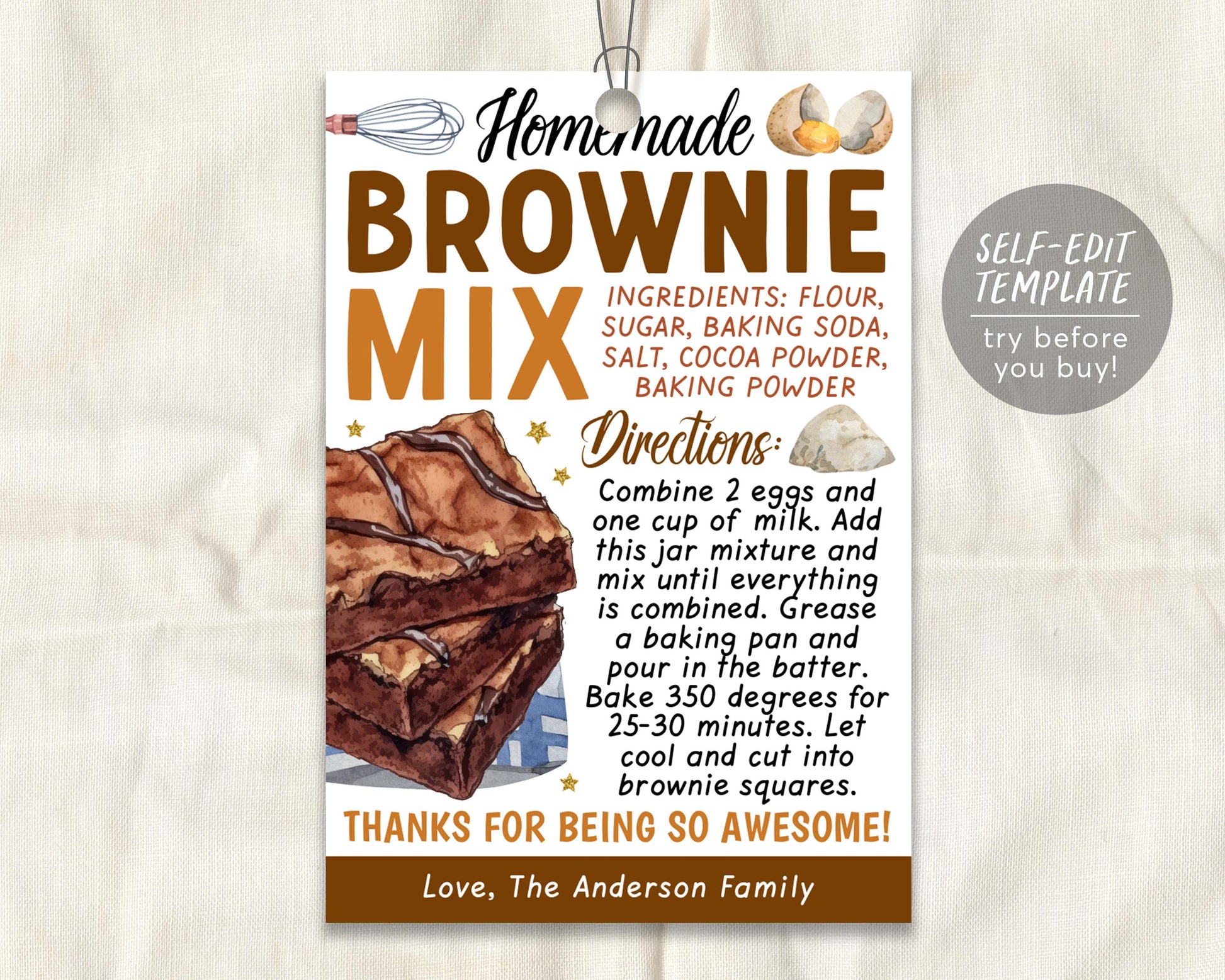 Brownie Mix in a Jar Gift Tag Editable Template