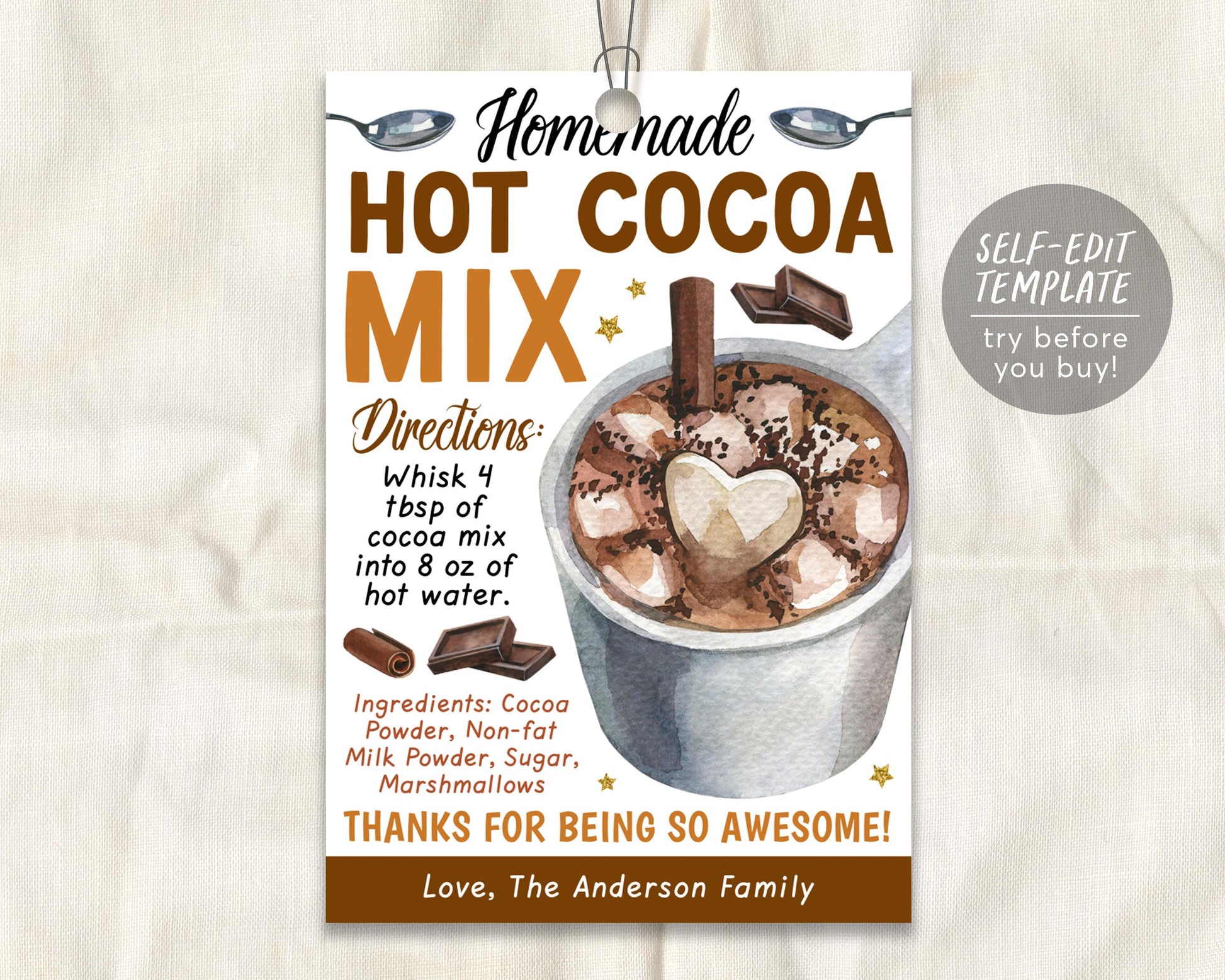 Hot Cocoa Mix in a Jar Gift Tag Editable Template