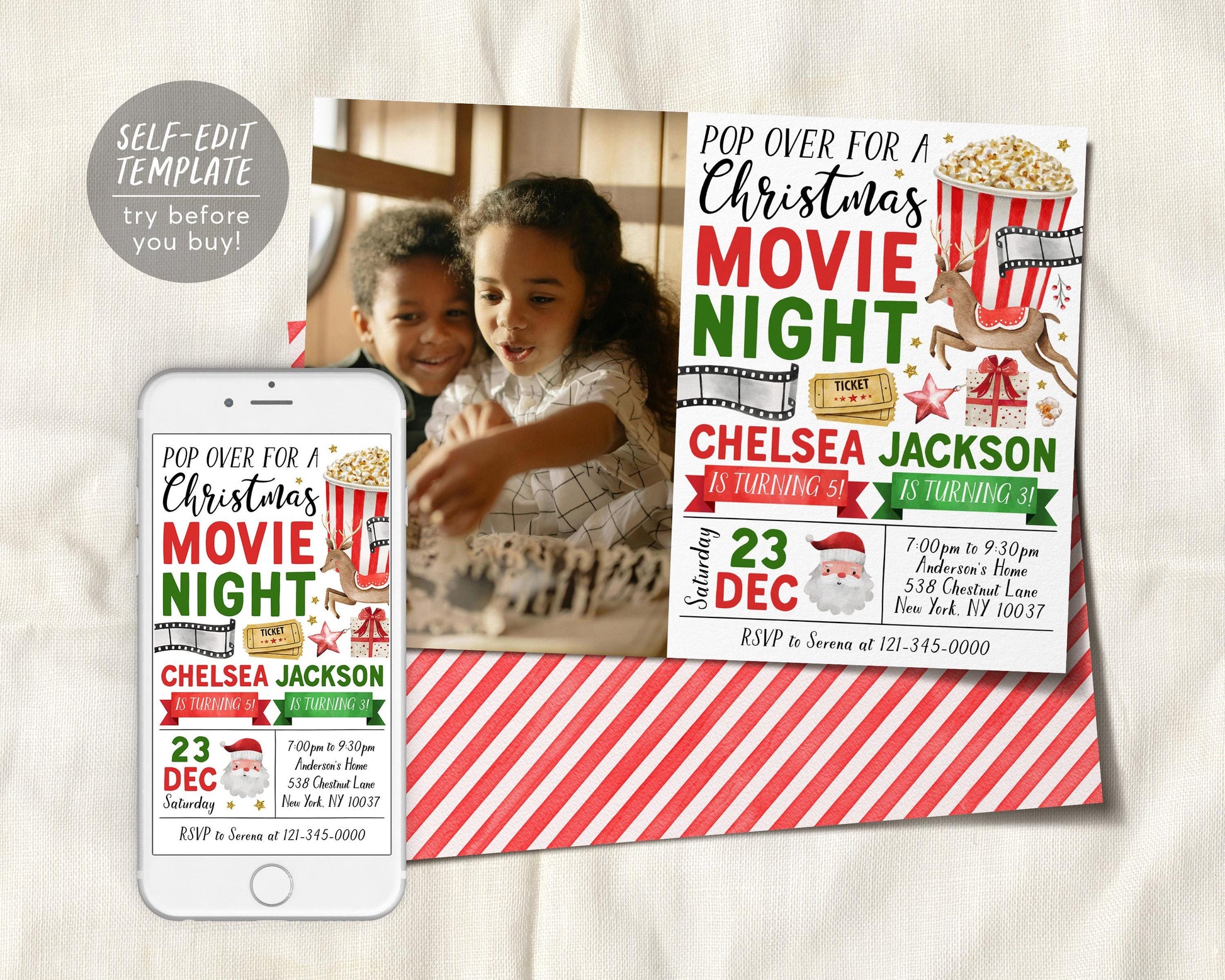 Christmas Movie Night Joint Siblings Birthday Invitation With Photo Editable Template