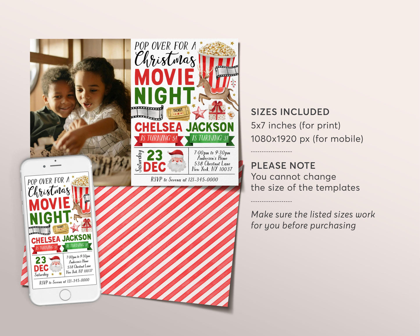 Christmas Movie Night Joint Siblings Birthday Invitation With Photo Editable Template, Backyard Outdoor Movie Night Invite, Holiday Evite