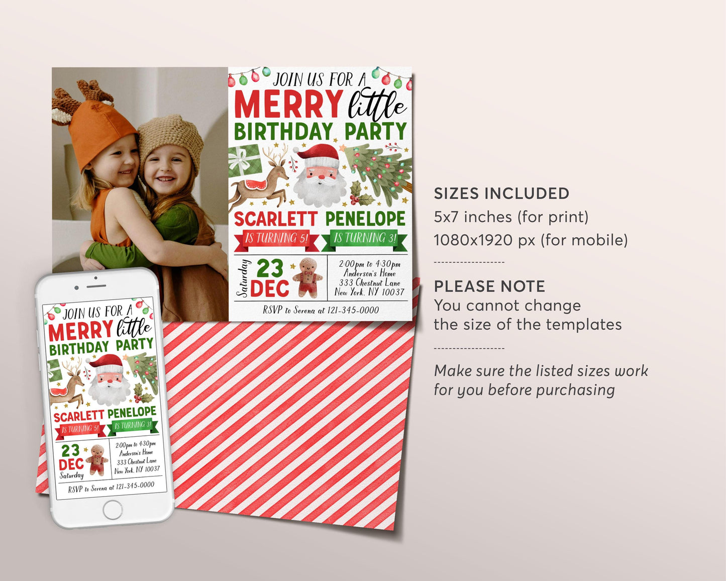 Christmas Joint Siblings Birthday Invitation With Photo Editable Template, Twins Kids Merry Little Birthday Party Invite, Santa Holiday