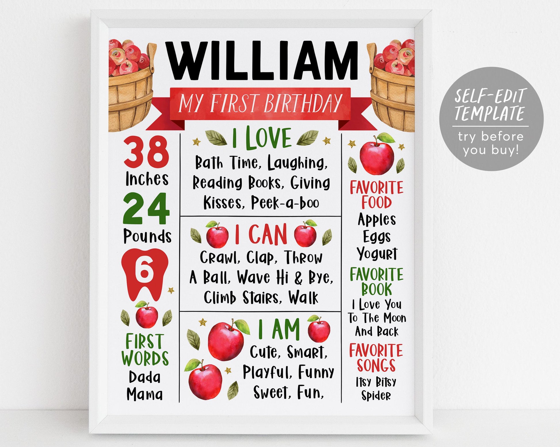 Apple Birthday Milestone Sign Editable Template