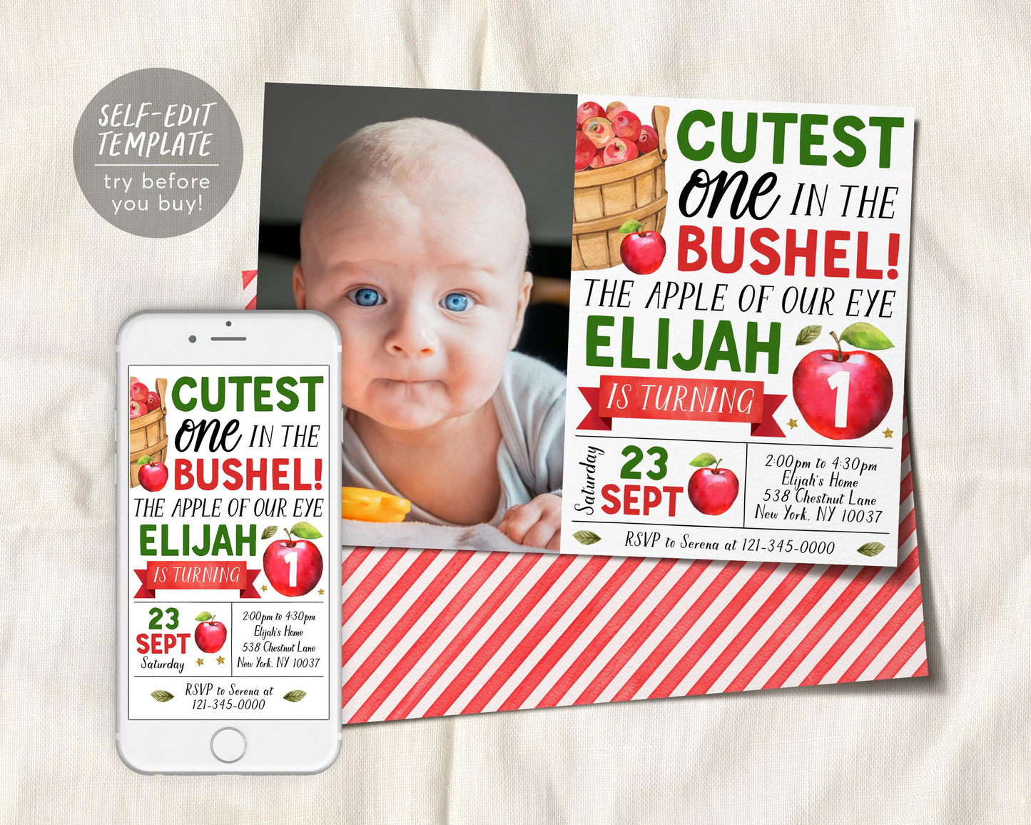 Fall Apple First Birthday Invitation With Photo Editable Template