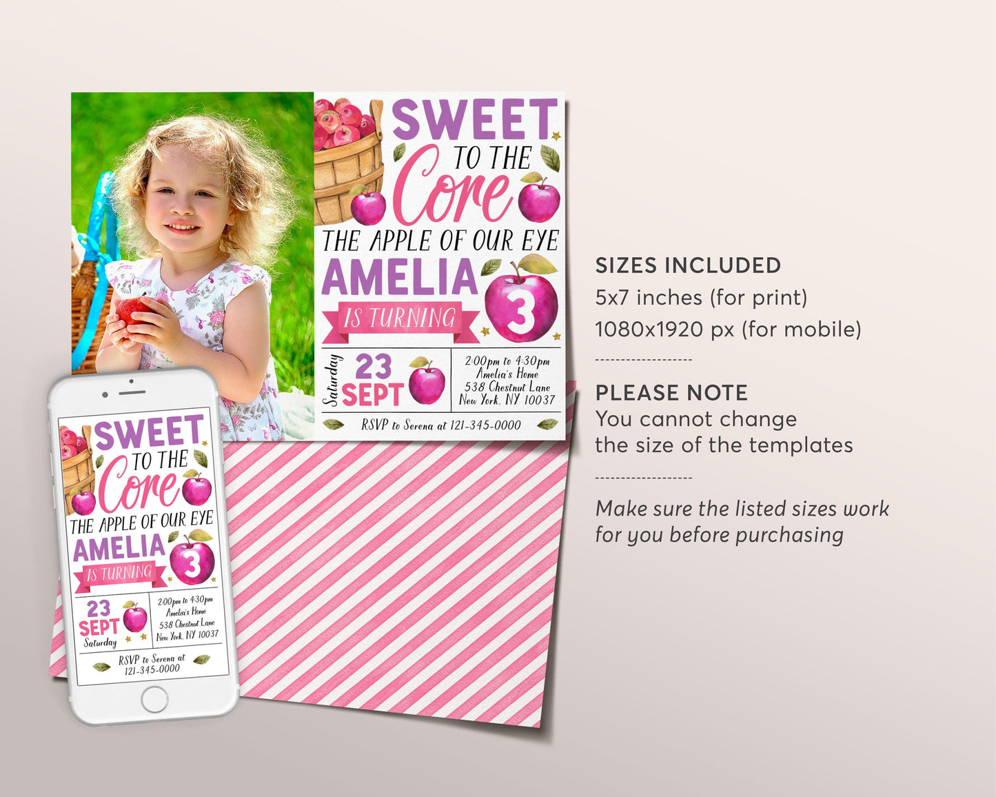 Apple Birthday Invitation With Photo Editable Template, Girl Sweet To The Core Party Invite, Apple of Our Eye Fall Evite, Bushel of Fun