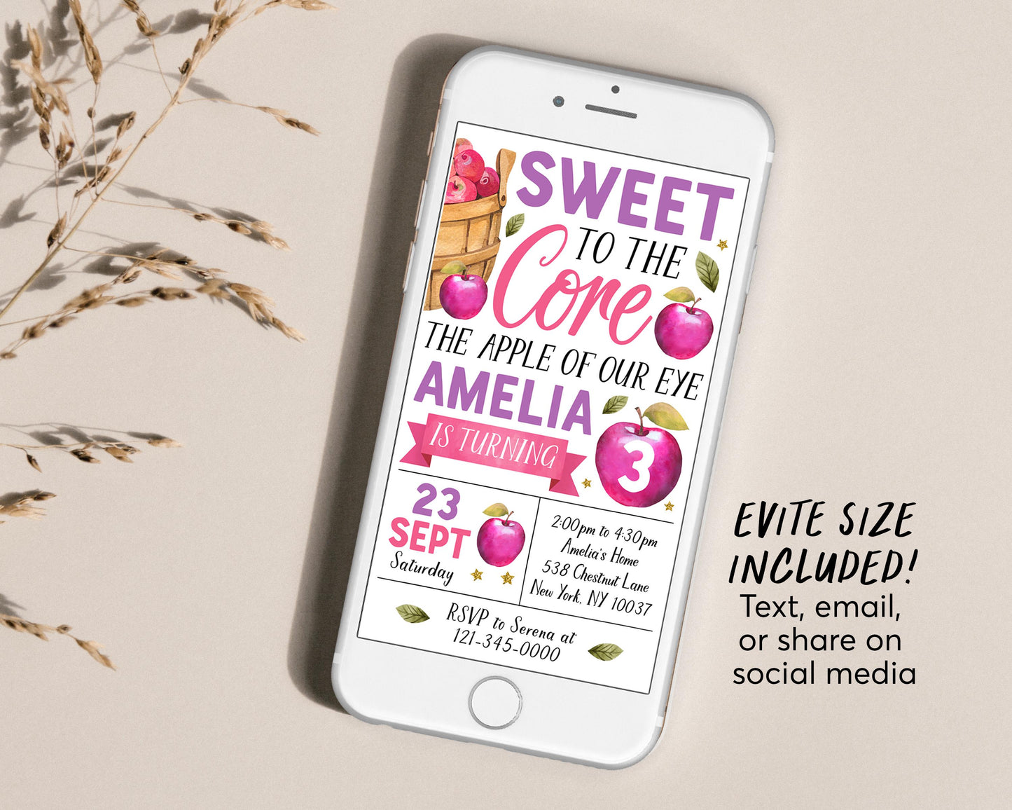 Apple Birthday Invitation With Photo Editable Template, Girl Sweet To The Core Party Invite, Apple of Our Eye Fall Evite, Bushel of Fun