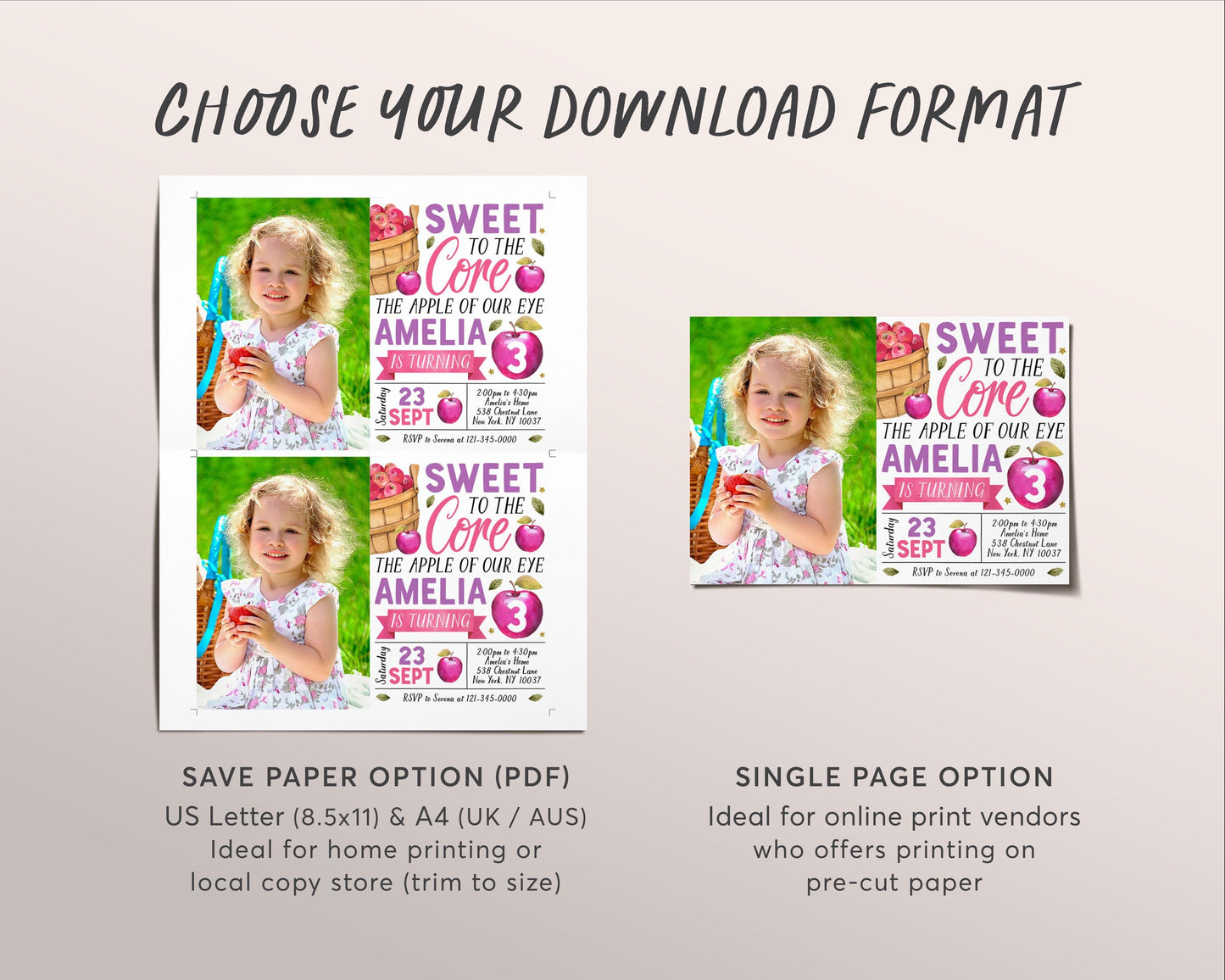 Apple Birthday Invitation With Photo Editable Template, Girl Sweet To The Core Party Invite, Apple of Our Eye Fall Evite, Bushel of Fun