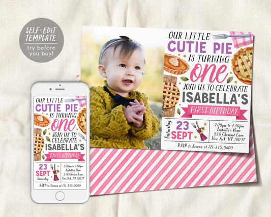 Cutie Pie First Birthday Invitation With Photo Editable Template