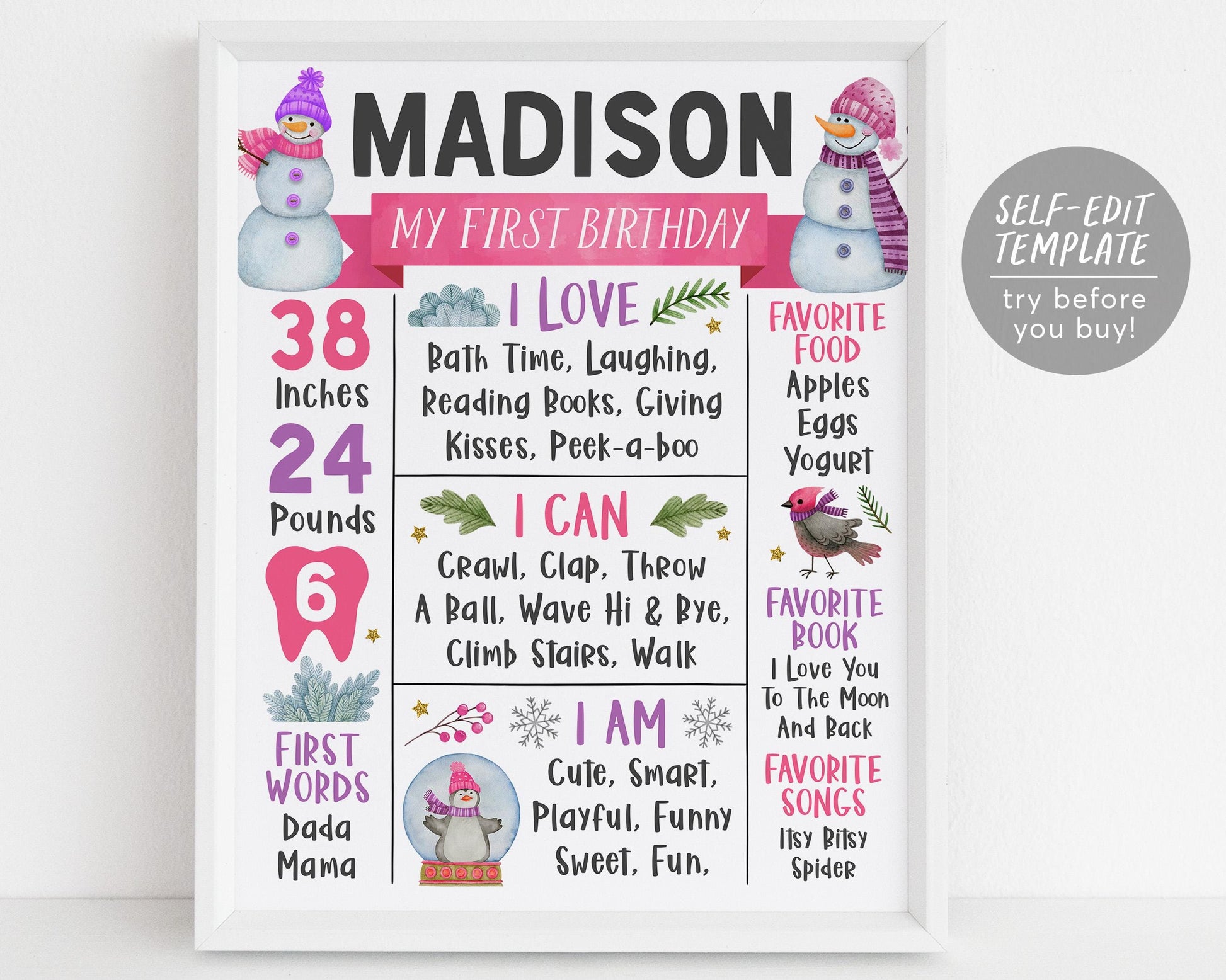 Snowman Birthday Milestone Sign Editable Template