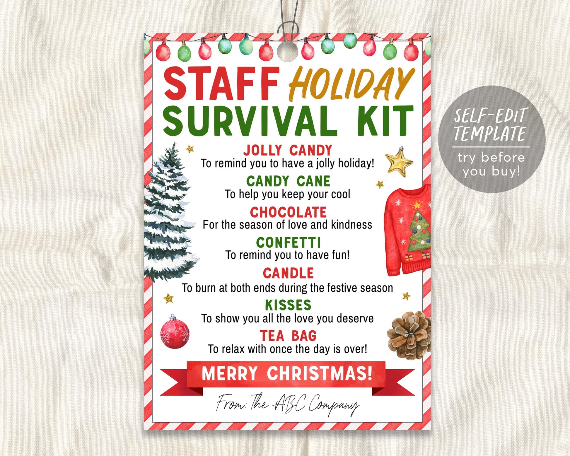 Holiday Staff Survival Kit Tag Editable Template