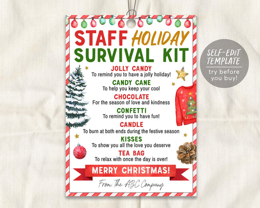 Holiday Staff Survival Kit Tag Editable Template