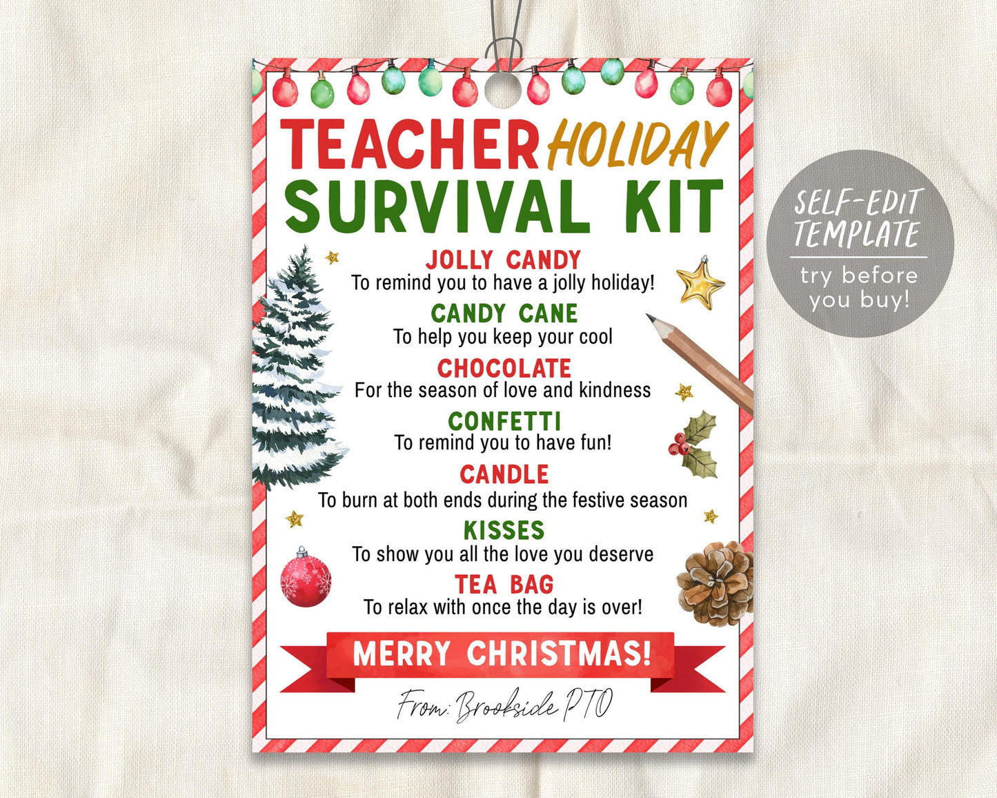 Holiday Teacher Survival Kit Tag Editable Template