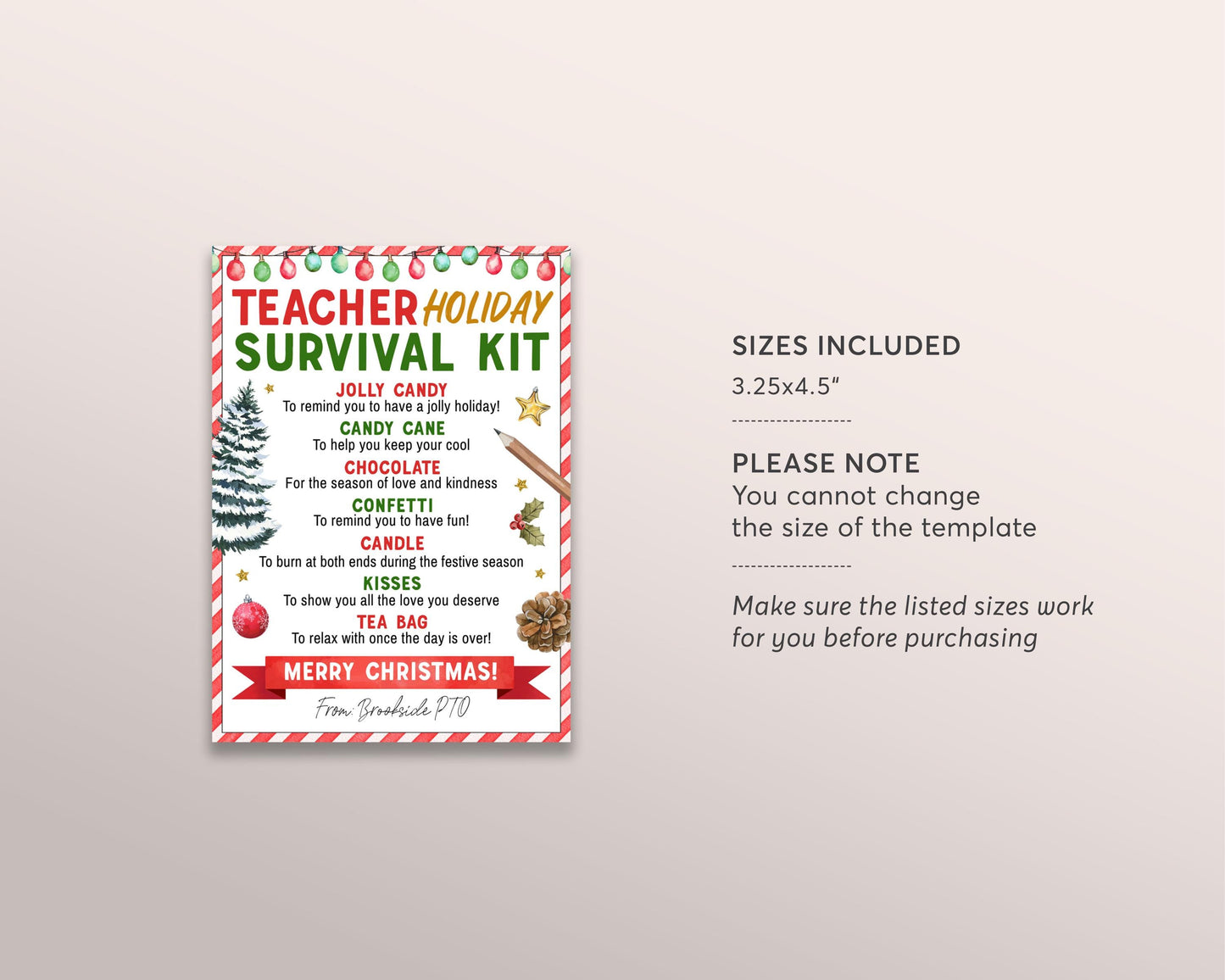 Holiday Teacher Survival Kit Tag Editable Template, Teacher's Christmas Survival Kit, School Staff Appreciation Candy Gift Tags Treat Pack