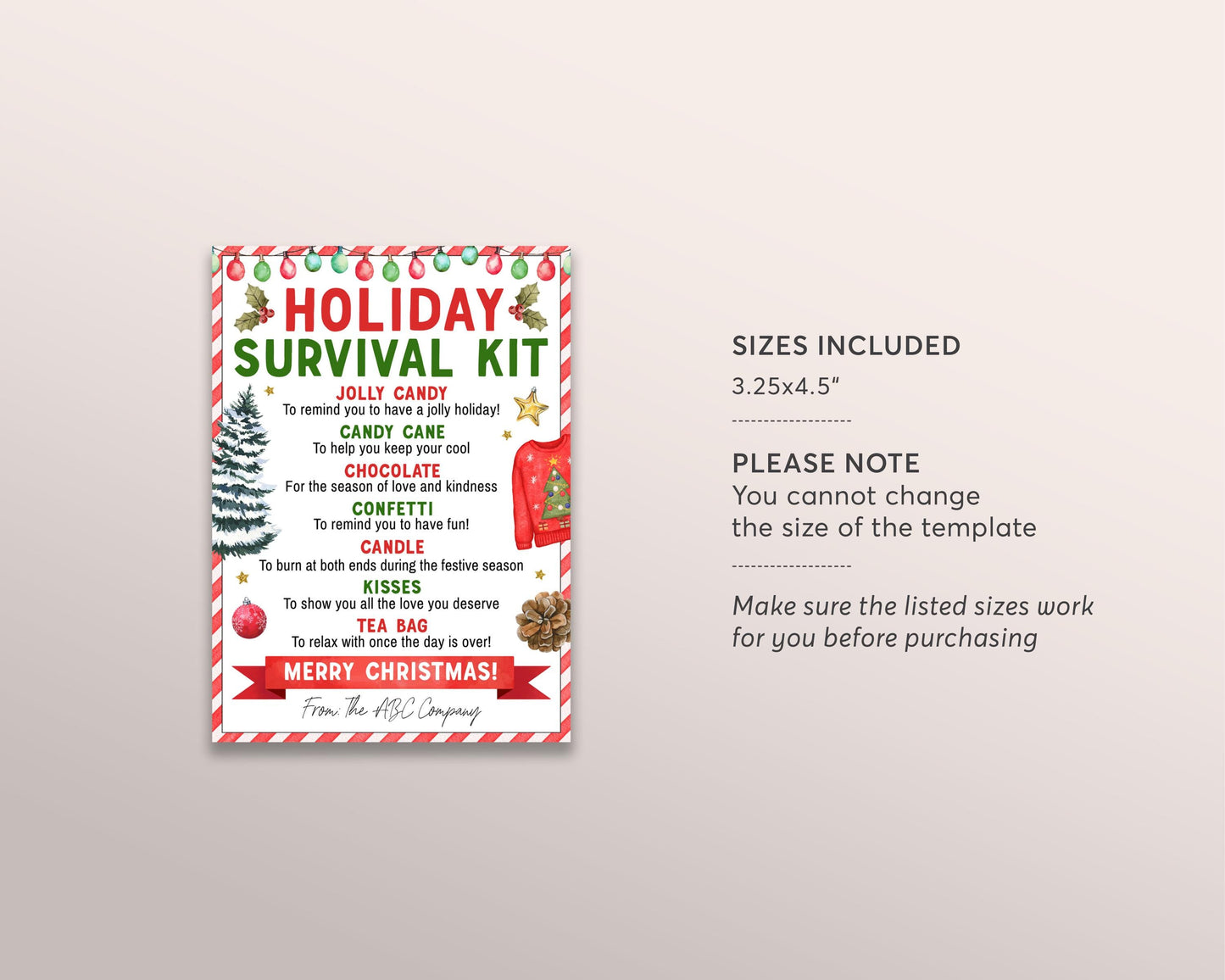 Holiday Survival Kit Tag Editable Template, Christmas Stocking Stuffer Treat Card, Thank You Appreciation Treats Candy Gift Xmas Party Favor