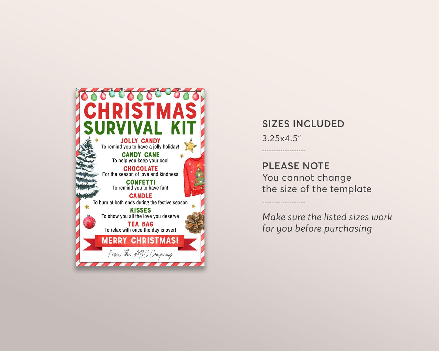 Christmas Survival Kit Tag Editable Template, Holiday Stocking Stuffer Treat Card, Thank You Appreciation Treats Candy Gift Xmas Party Favor