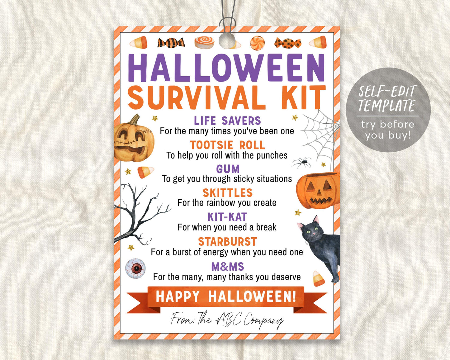 Halloween Survival Kit Tag Editable Template