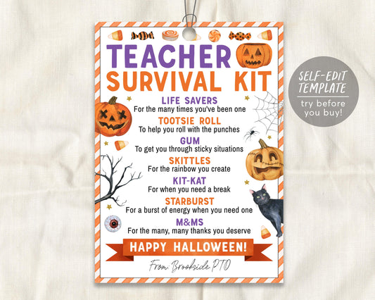 Halloween Teacher Survival Kit Tag Editable Template