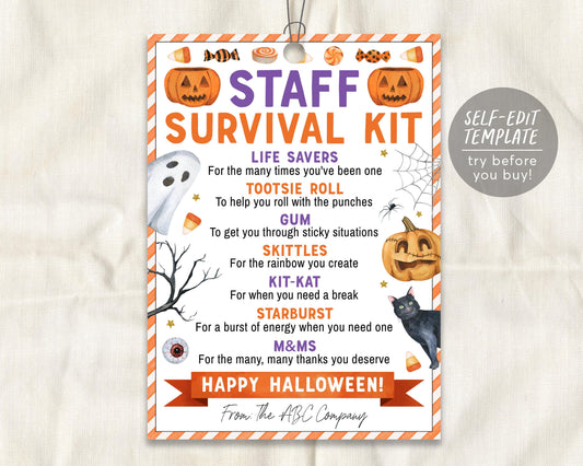 Halloween Staff Survival Kit Tag Editable Template