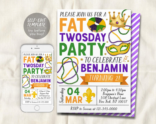 Fat Tuesday Second Birthday Invitation Editable Template