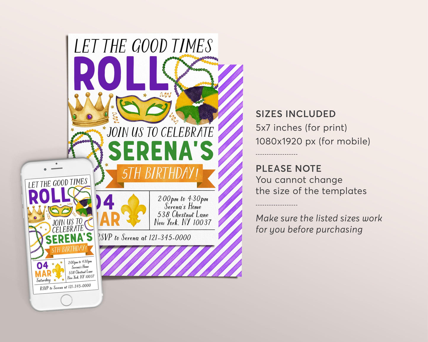 Mardi Gras Birthday Invitation Editable Template, Mardi Gras Fat Tuesday Party Invite, Let The Good Times Roll New Orleans King Cake Evite