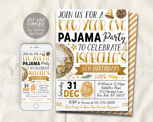 New Year Eve Pajama Party Invitation Editable Template