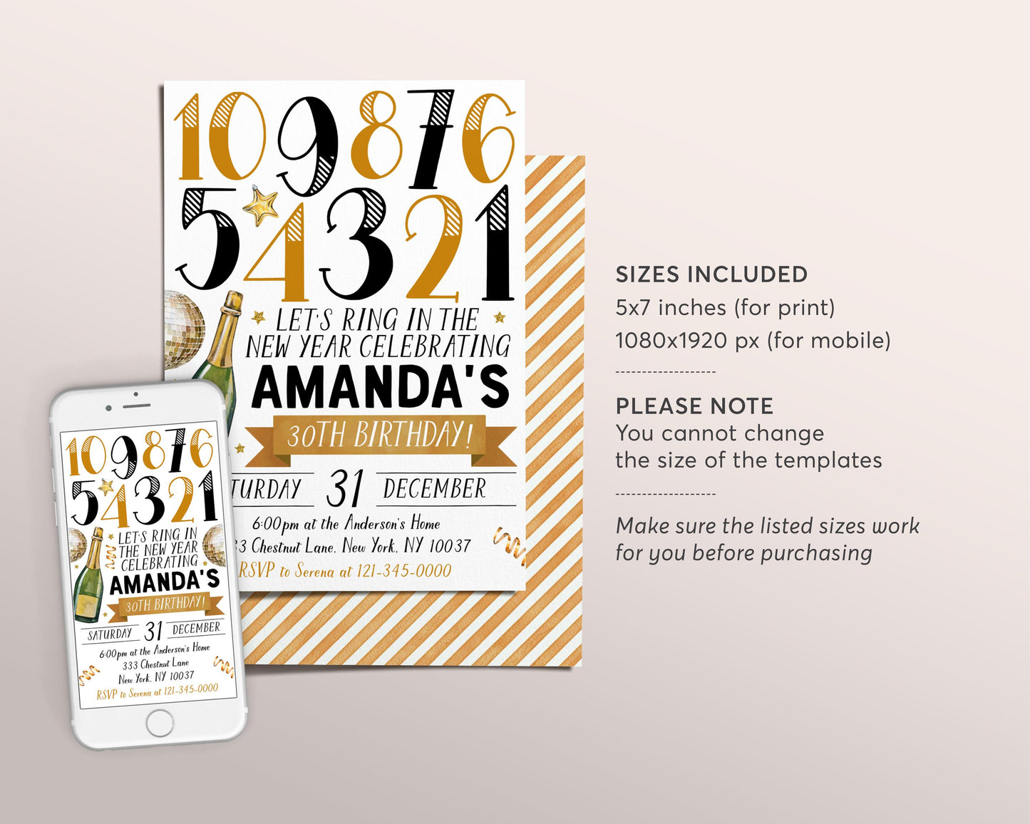 New Years Eve Birthday Invitation Editable Template, Adult Cocktail New Year Party Invite, Gold And Black Champagne Wine Holiday Printable