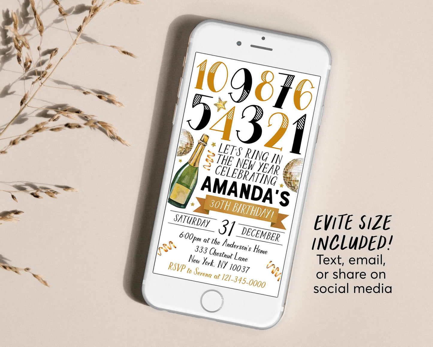 New Years Eve Birthday Invitation Editable Template, Adult Cocktail New Year Party Invite, Gold And Black Champagne Wine Holiday Printable