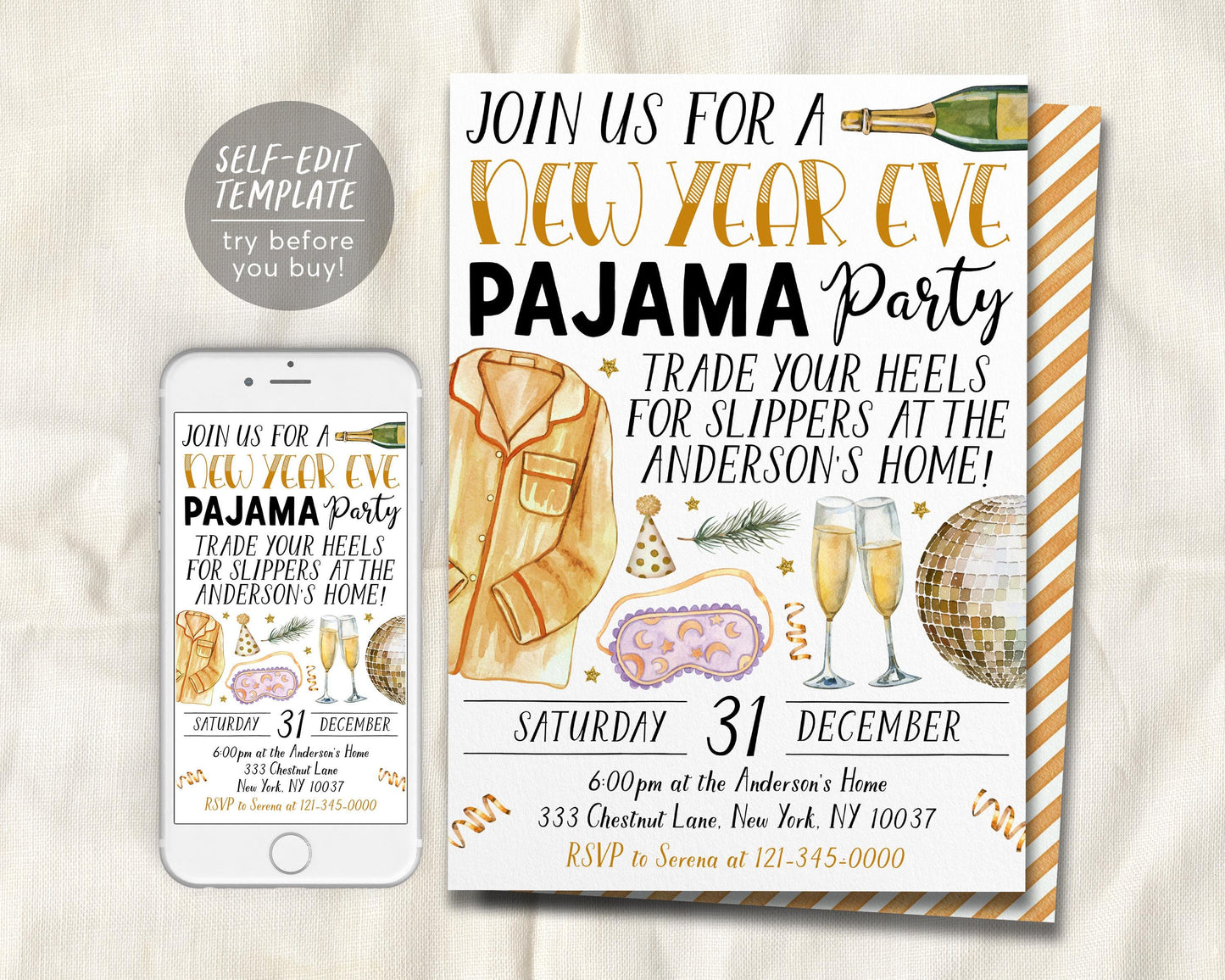 New Year Eve Pajama Party Invitation Editable Template