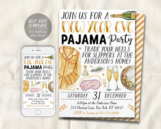 New Year Eve Pajama Party Invitation Editable Template