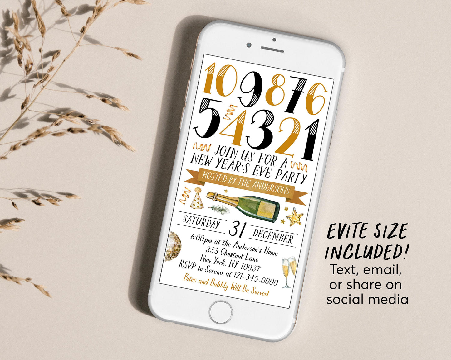 NYE Party Invitation Editable Template, New Years Eve Countdown Bash For Adult, Champagne Cocktail New Year Holiday Party Invite Evite