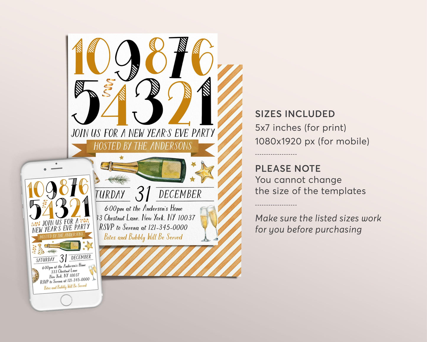 NYE Party Invitation Editable Template, New Years Eve Countdown Bash For Adult, Champagne Cocktail New Year Holiday Party Invite Evite