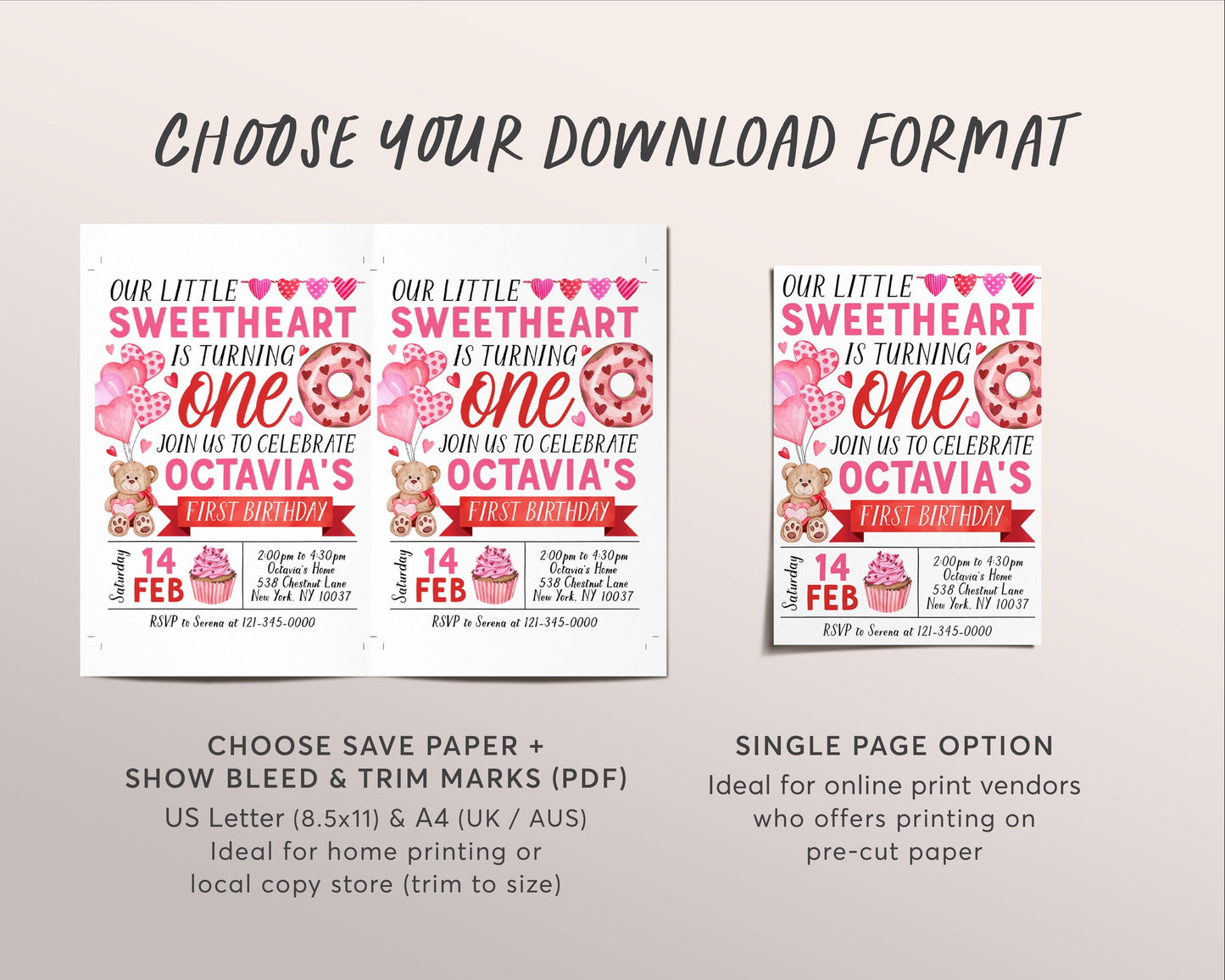 Sweetheart First Birthday Invitation Editable Template, Valentines Day Pink Hearts Party Invite, Valentine Our Little Sweetheart Evite