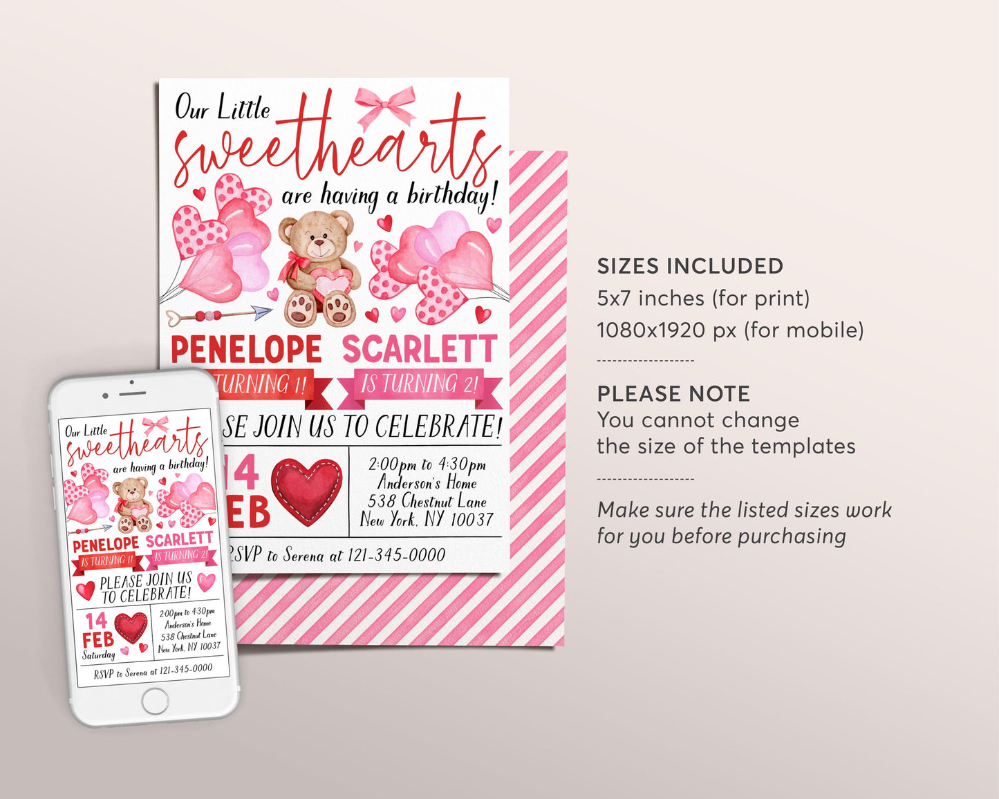 Valentines Day Joint Siblings Birthday Invitation Editable Template, Our Little Sweethearts Party Invite, Valentine Girls Sisters Evite