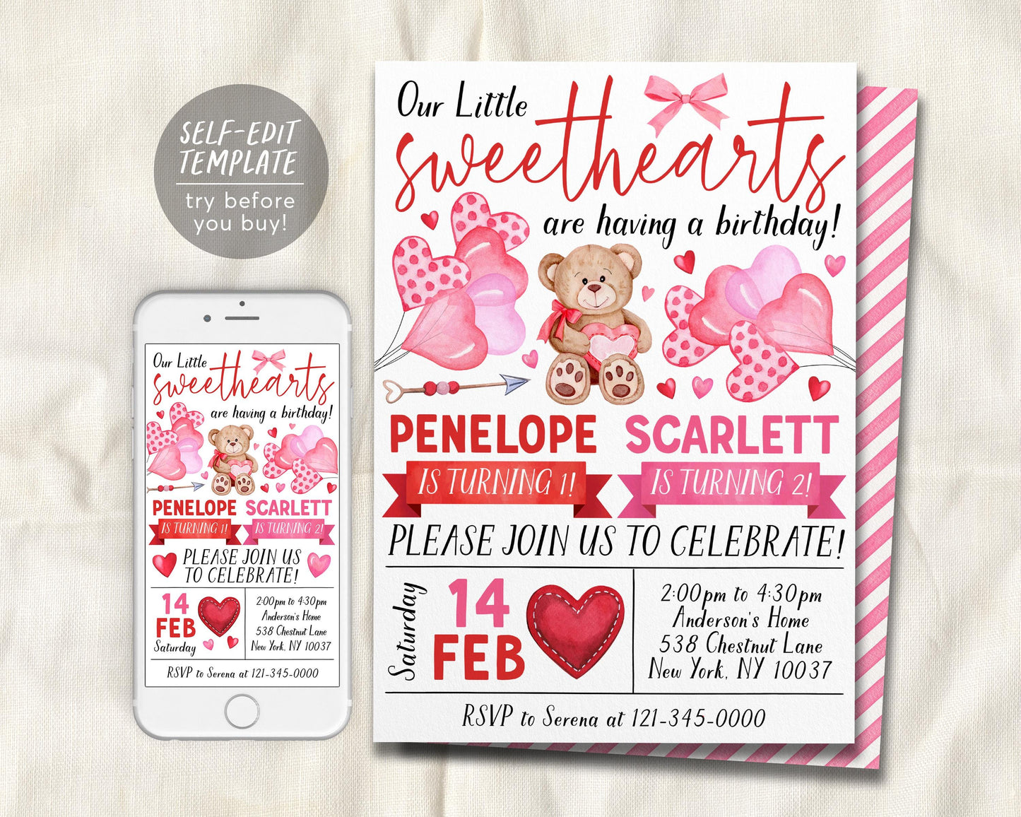 Valentines Day Joint Siblings Birthday Invitation Editable Template