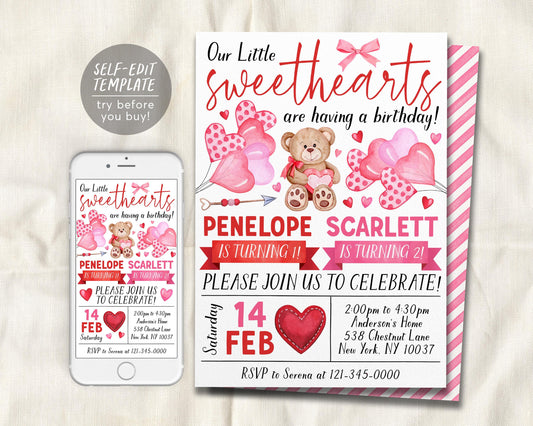 Valentines Day Joint Siblings Birthday Invitation Editable Template