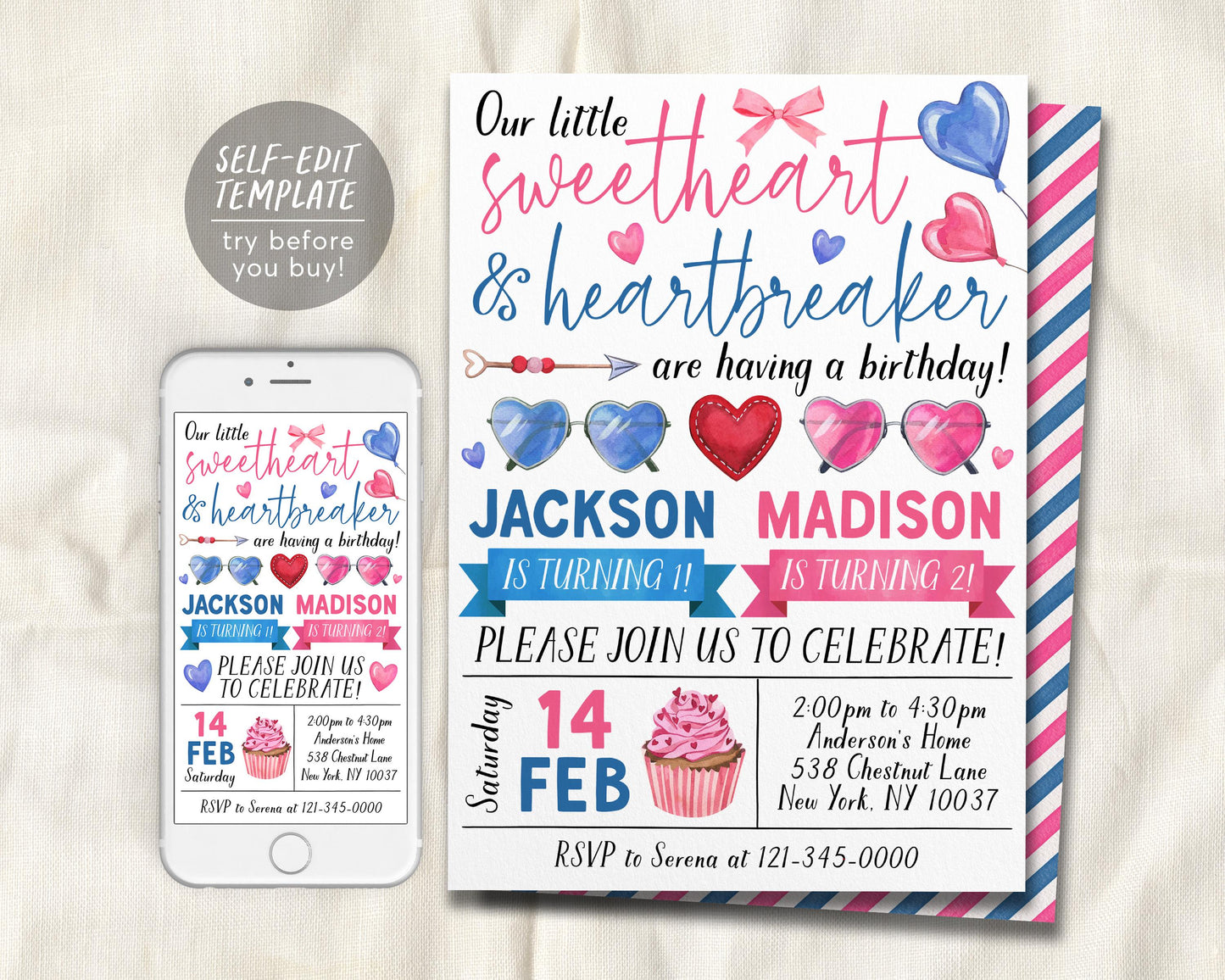 Valentines Day Joint Siblings Birthday Invitation Editable Template