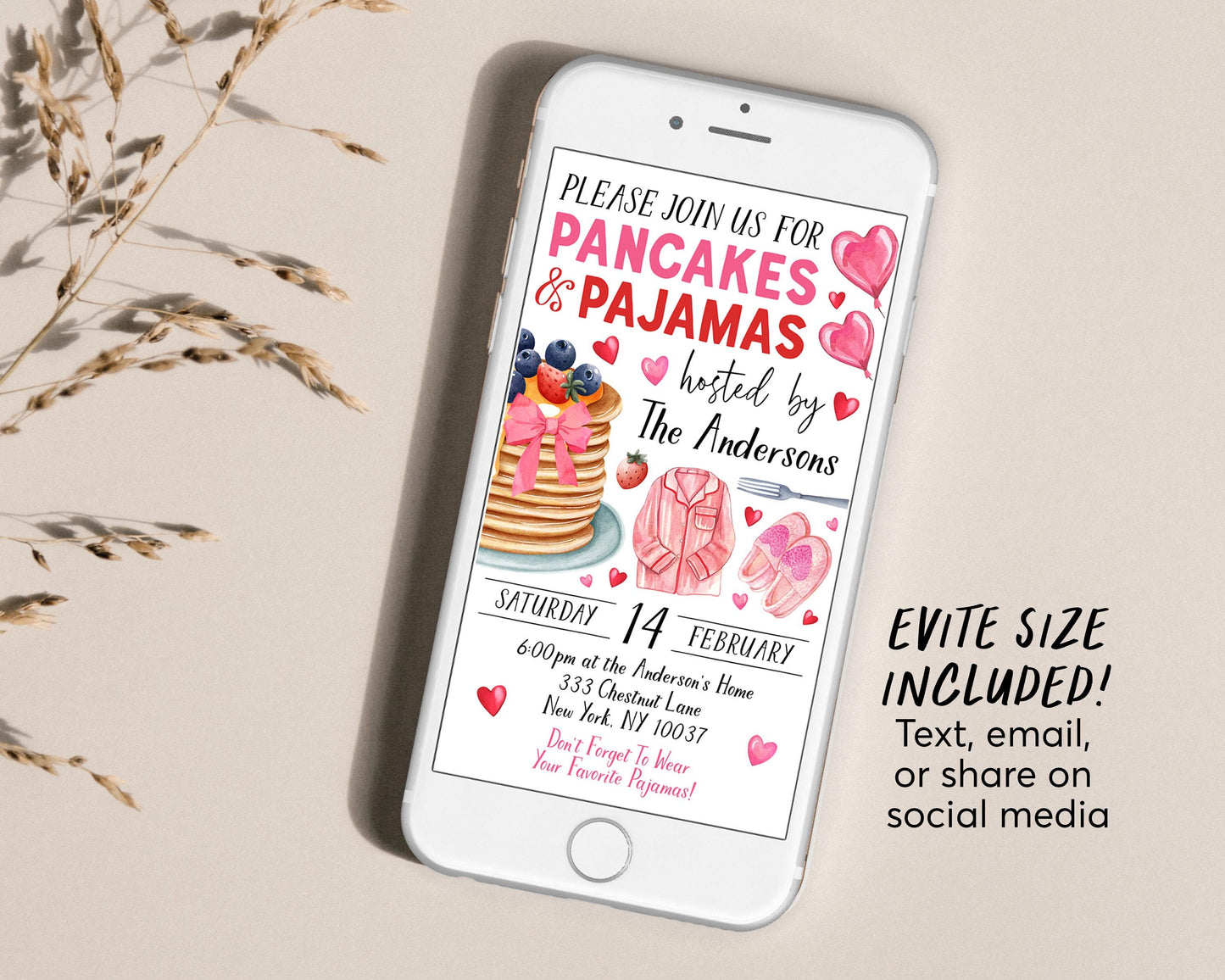 Valentine's Day Pancakes And Pajamas Invitation Editable Template, Galentine's Day Brunch PJs Party Invite, Breakfast For Girl Friends Evite