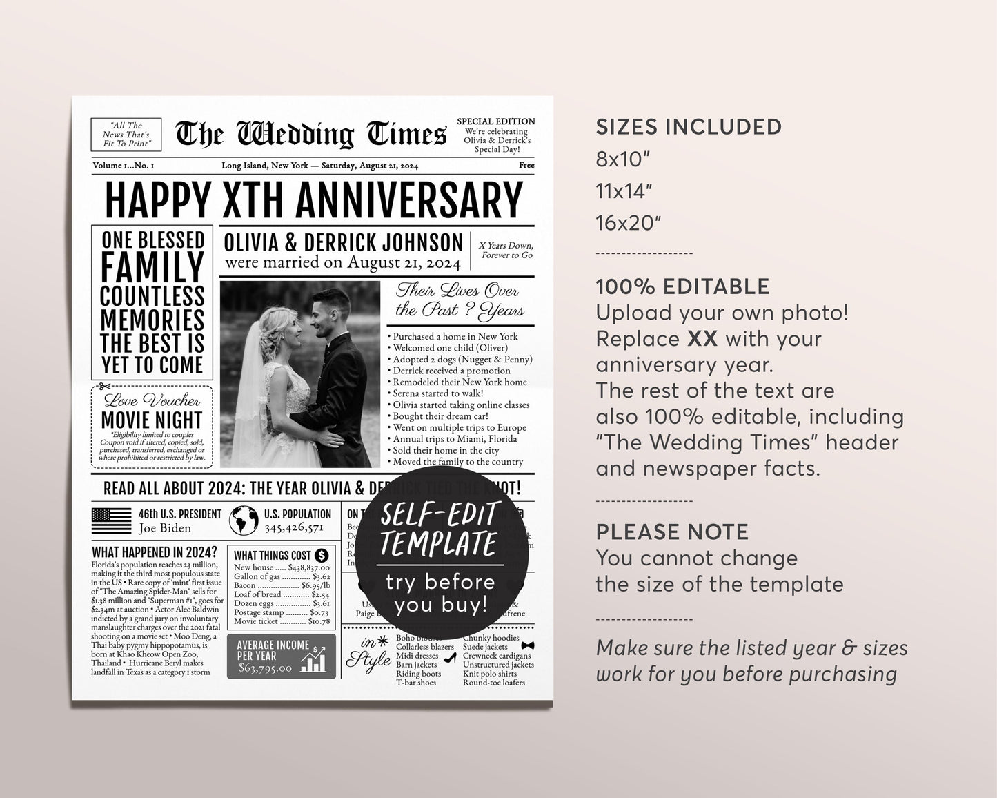 Back in 2024 1st 2nd 3rd 4th Anniversary Gift Newspaper Editable Template, Personalized 1 2 3 4 Year Wedding For Parents Husband Or Wife