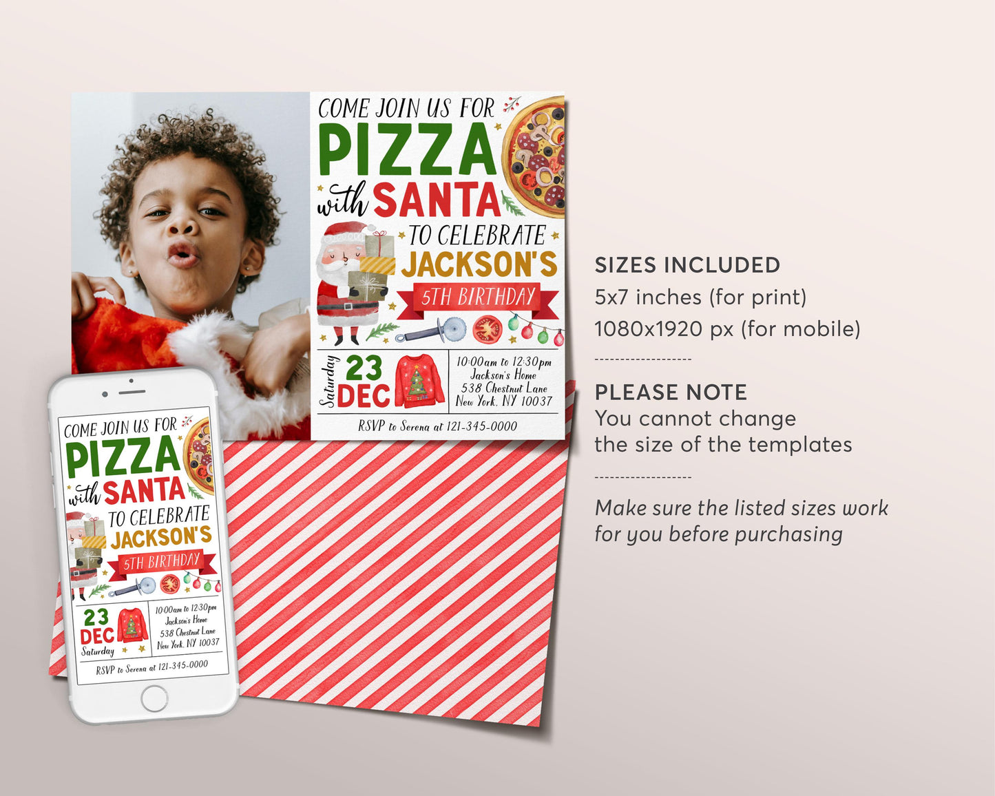 Pizza With Santa Invitation With Photo Editable Template, Christmas Pizza and Pajamas Invite Holiday Kids Dinner Movie Sleepover Party Evite