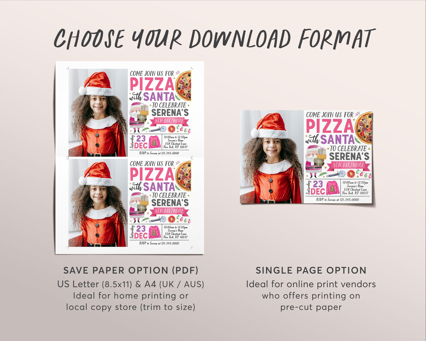 Pizza With Santa Invitation With Photo Editable Template, Girl Christmas Pizza and Pajamas Invite, Holiday Kids Dinner Sleepover Party Evite