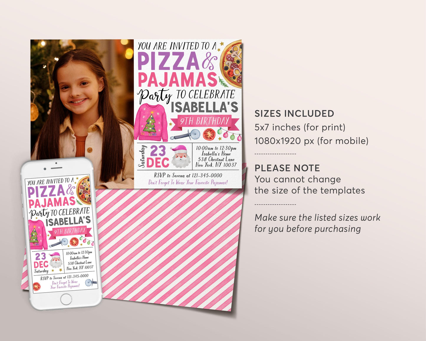 Christmas Pizza And Pajama Birthday Invitation With Photo Editable Template, Girl Holiday Slumber Party Invite, Sleepover Pajamas Evite