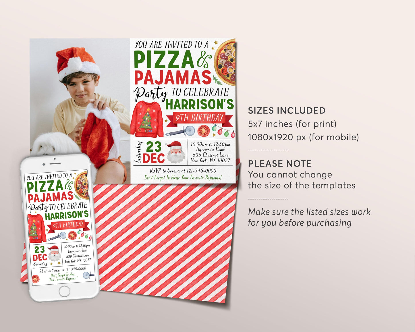 Christmas Pizza And Pajama Birthday Invitation With Photo Editable Template, Holiday Slumber Party Invite, Sleepover Party Evite PJs Santa